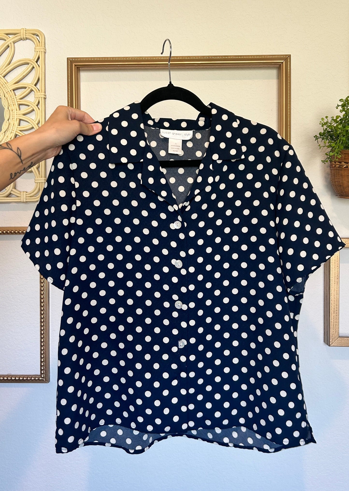 Susan Graver Style Navy Blue Polka Dot Button Up (M-XL)