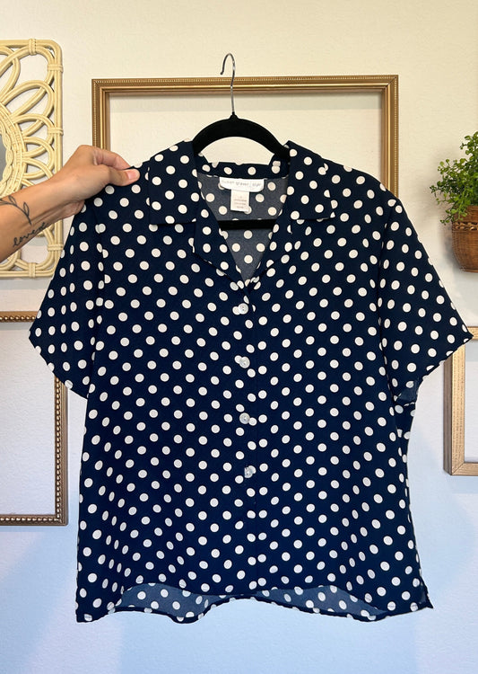 Susan Graver Style Navy Blue Polka Dot Button Up (M-XL)