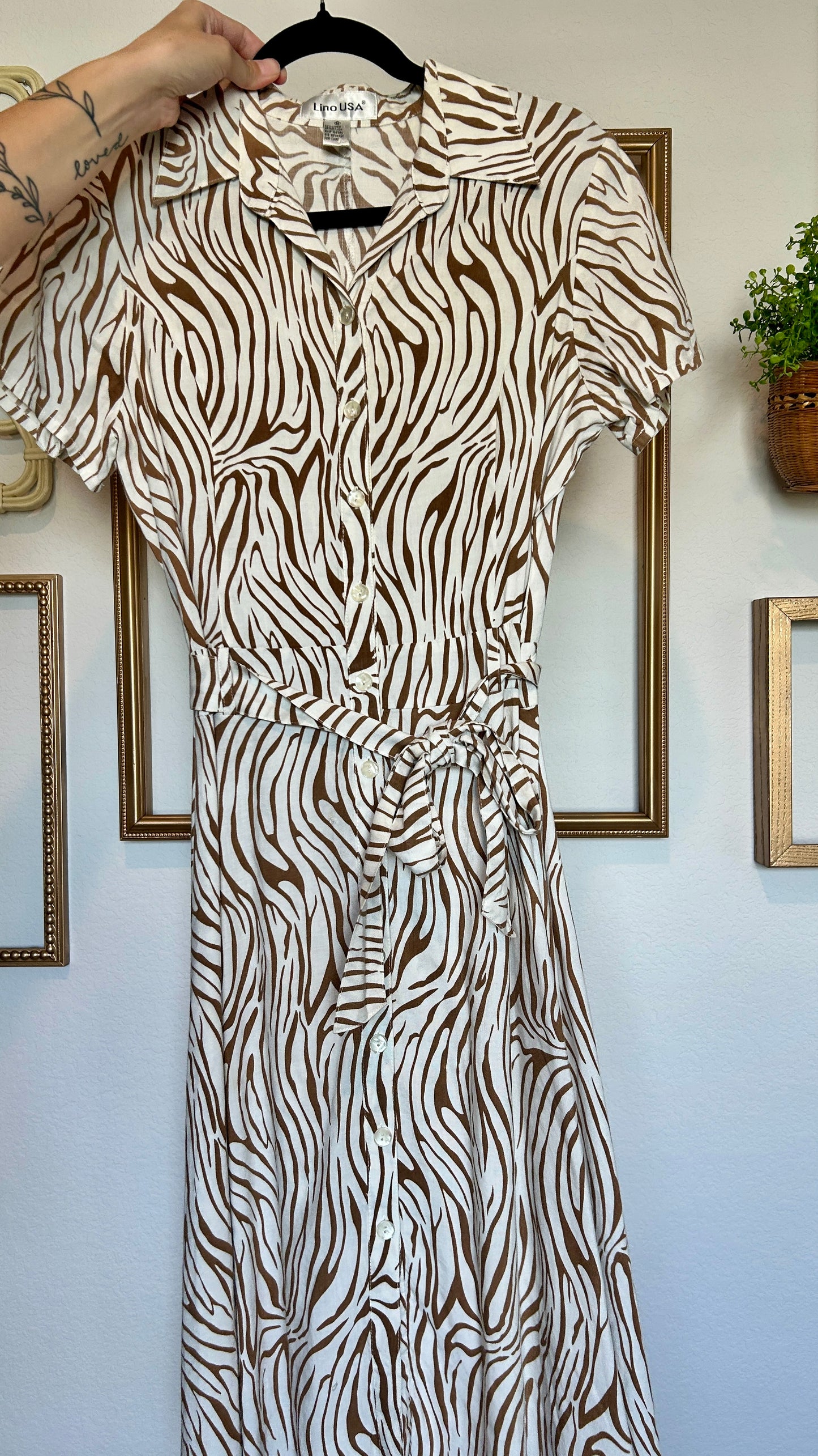 Lino USA Tiger Button Up Midi Dress with Belt (S/M)