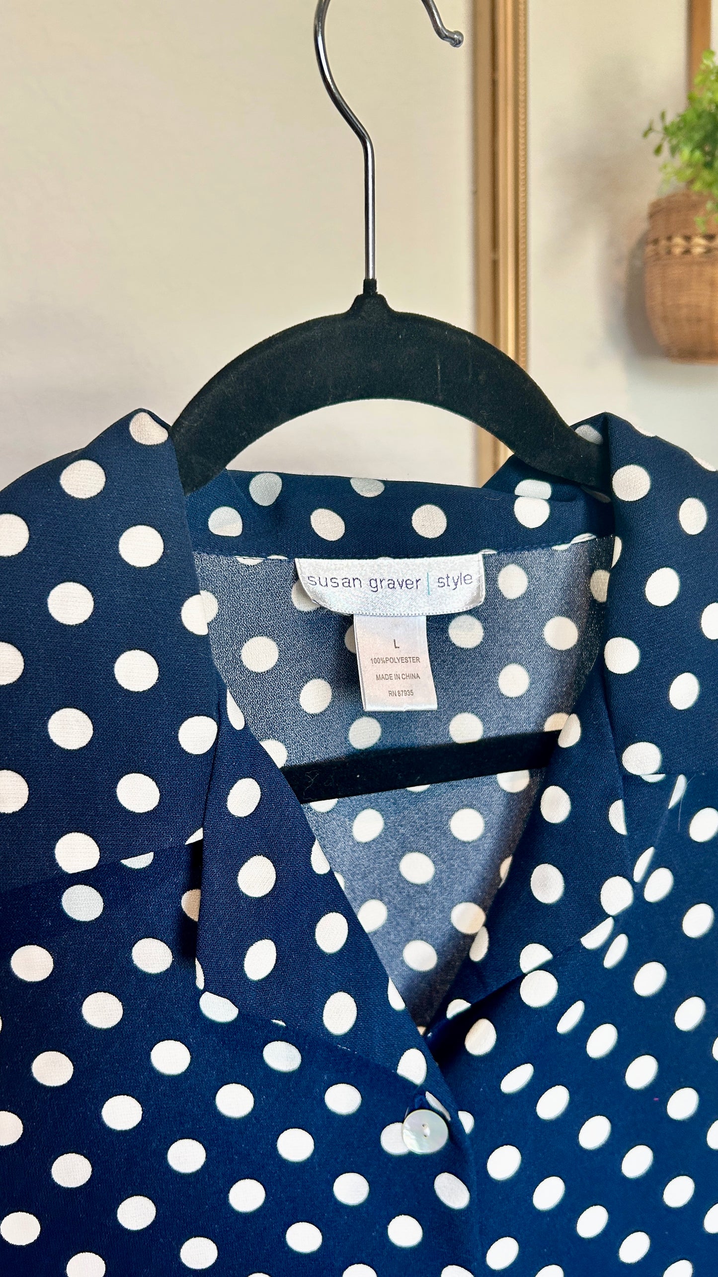 Susan Graver Style Navy Blue Polka Dot Button Up (M-XL)