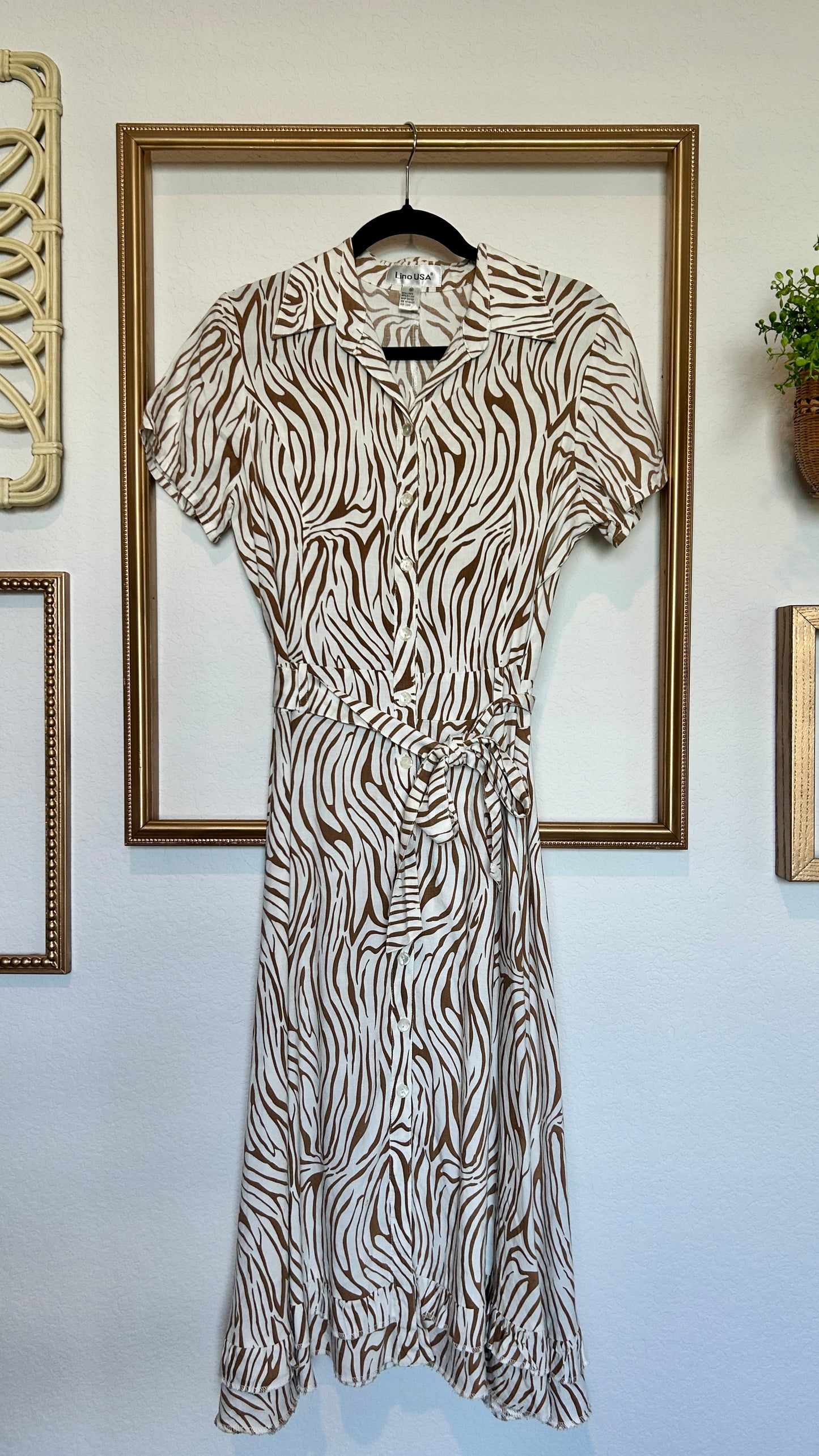 Lino USA Tiger Button Up Midi Dress with Belt (S/M)
